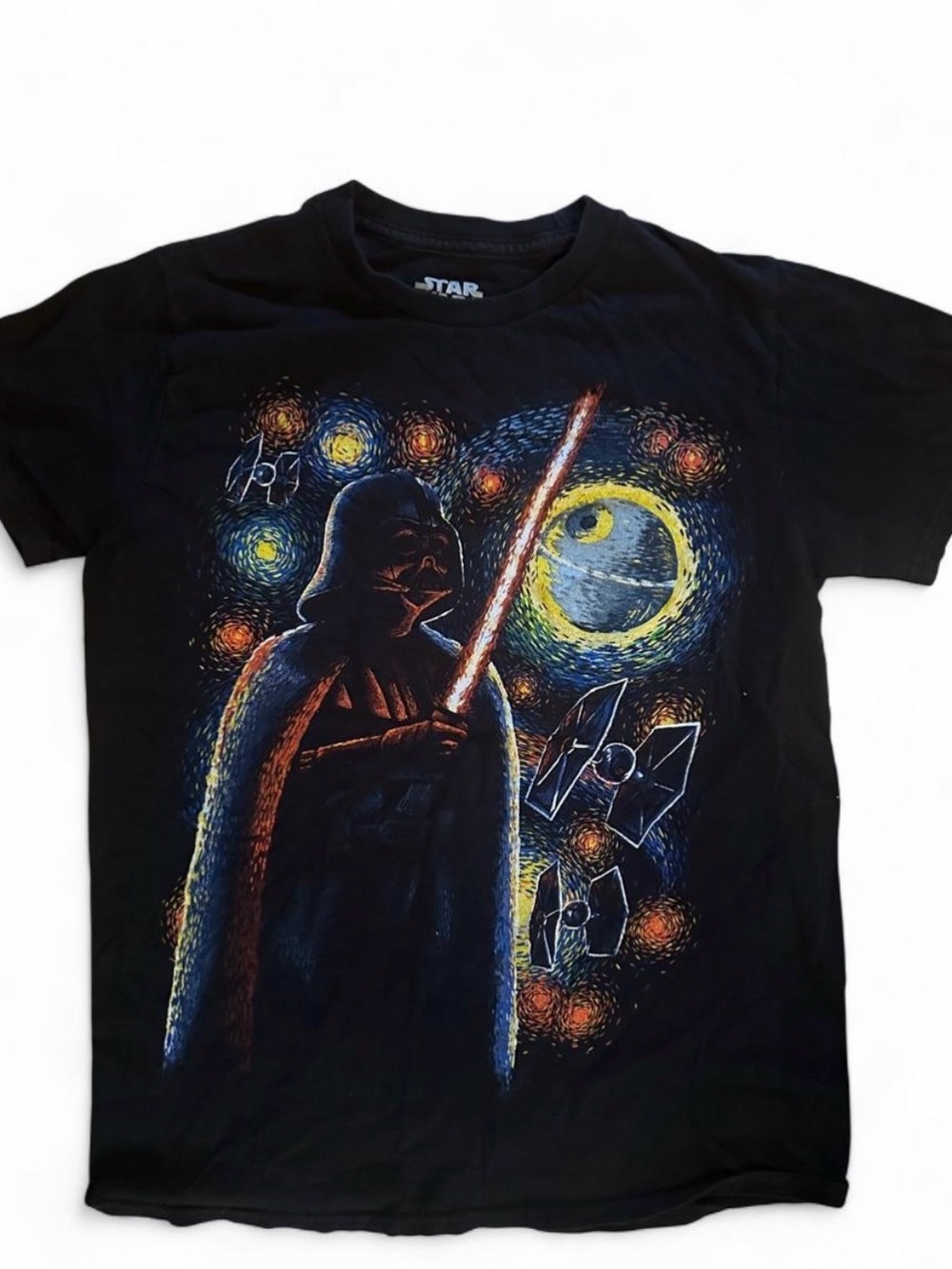 Star Wars Black Tee with Multicolor Darth Vader & Lightsaber Graphic